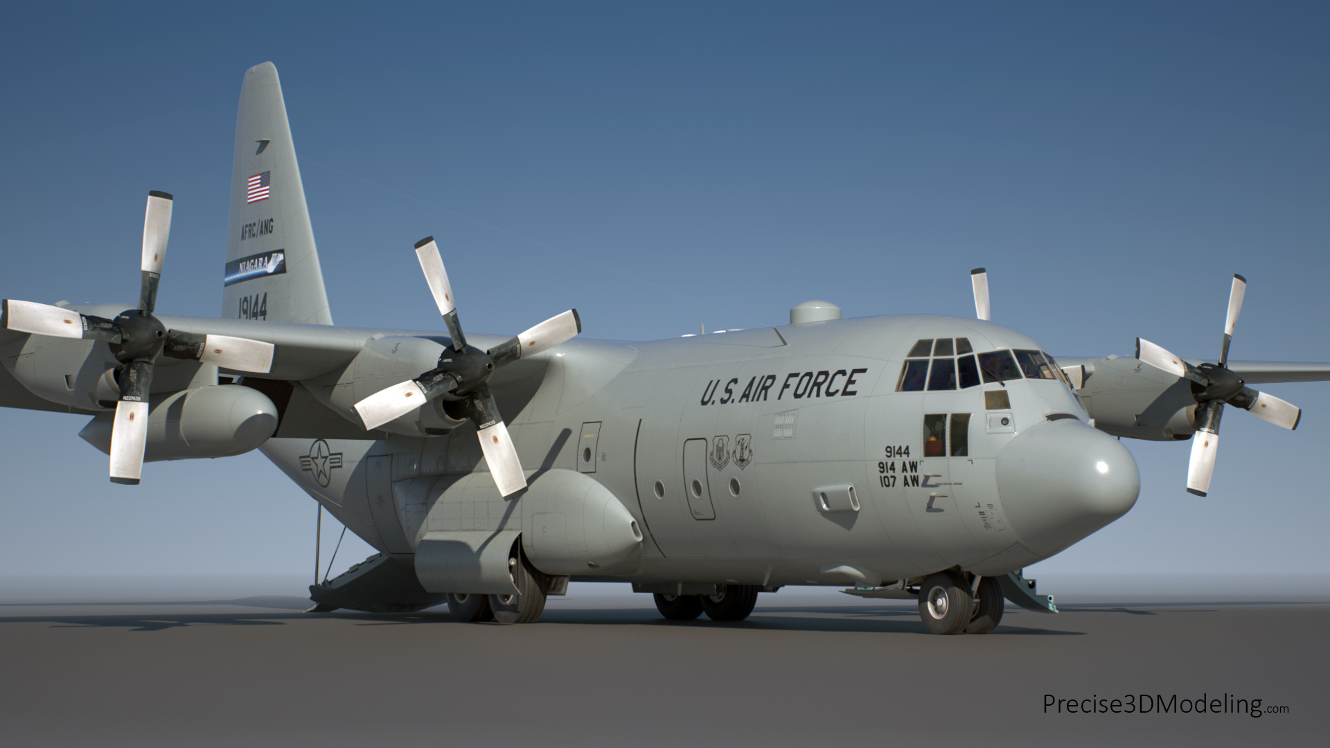Lockheed C-130H Hercules 3D model render - right side view, US Air force, on the ground