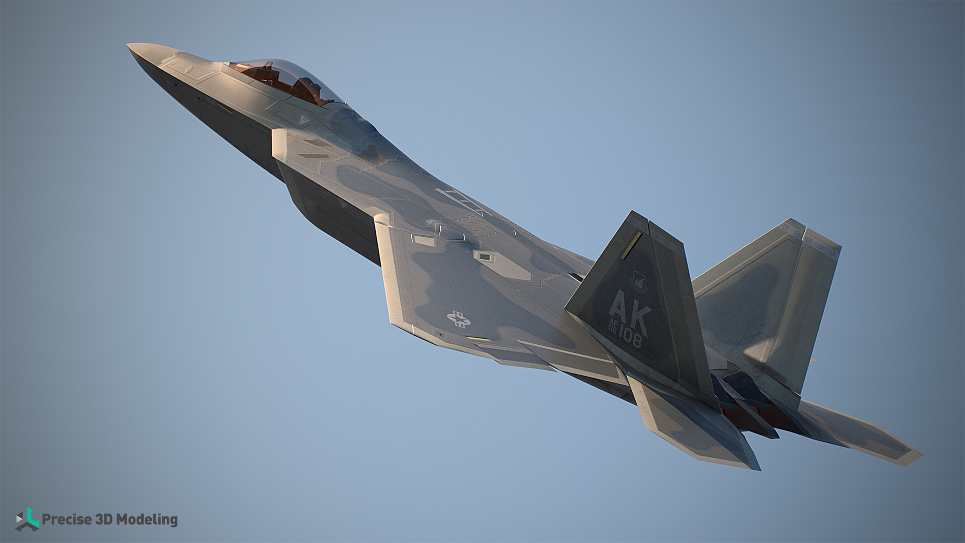 Lockheed Martin F-22 Raptor 3D model render - in air, take off, side view
