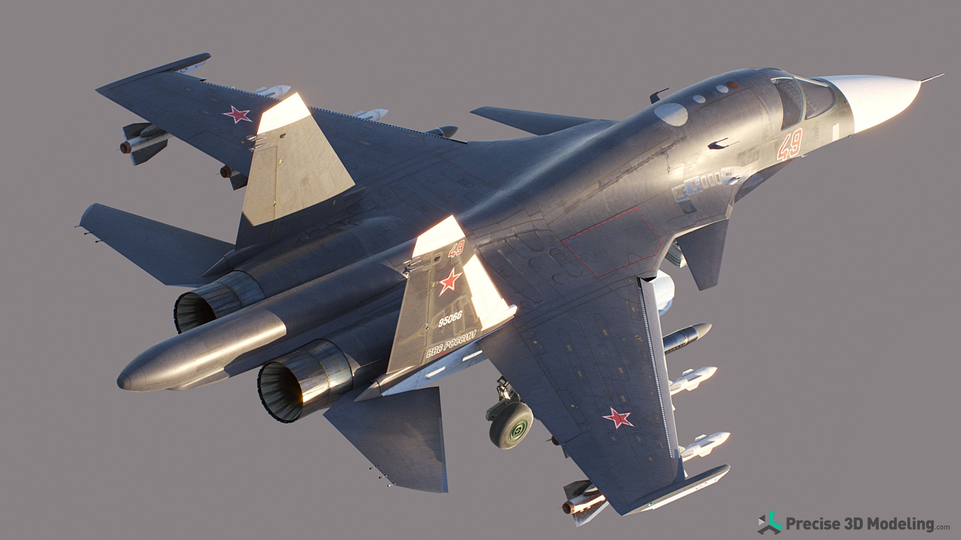 Sukhoi Su-34 (NATO Fullback) 3D model render - in the air, top view