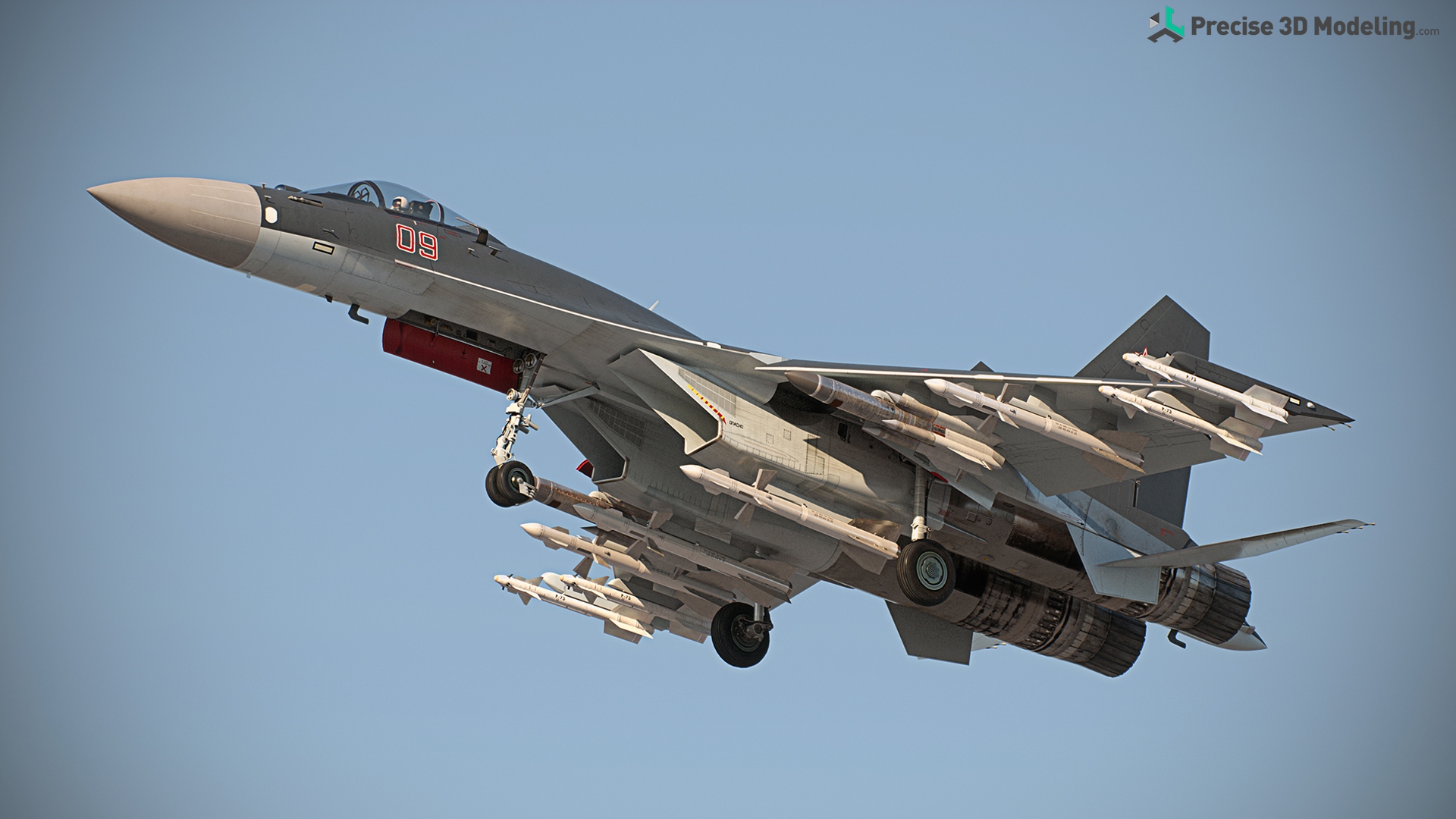 Sukhoi Su-35 (NATO Flanker-E/M or Super Flanker) 3D model render - in air, take off